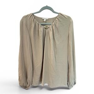 Como Blu Women's Blouse Medium Beige Long Sleeve Pleated Neck Lightweight